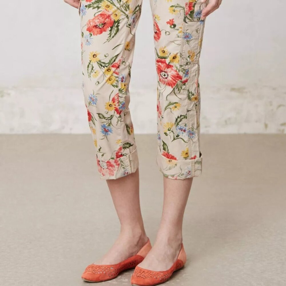 HEI HEI Floral Cropped Cargo Pants - Beige with Red & Yellow Blooms